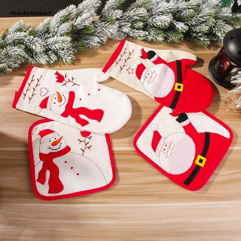 

Christmas Oven Mitts and Pot Holders Sets Non Slip Kitchen Gloves Hot Pads with Inner Cotton Layer for Cooking BBQ Gift
