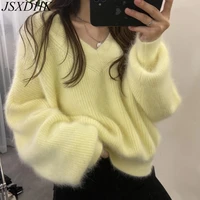 jsxdhk korean autumn winter soft warm mink cashmere pullover jumper fashion women yellow lantern sleeve thick loose sweater new