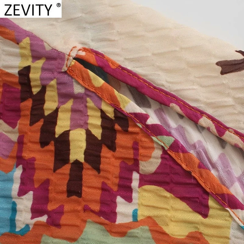 

ZEVITY 2021 Women Vintage V Neck Contrast Color Greometric Print Side Split Midi Dress Ladies Summer Lace Up Slim Vestido DS8638