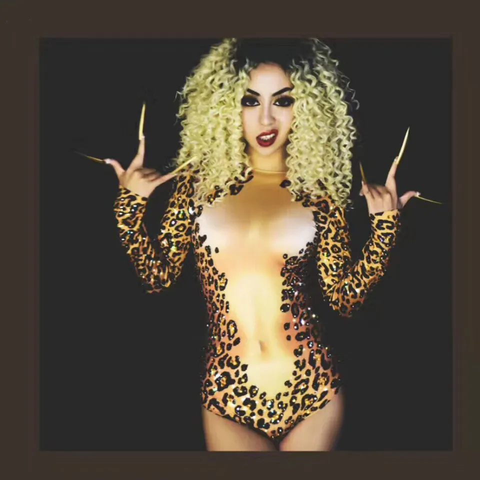 

Сексуальный боди с леопардовым принтом Стразы Костюмы Боди для ночного клуба для диджея танцор певицы сценический костюм женский