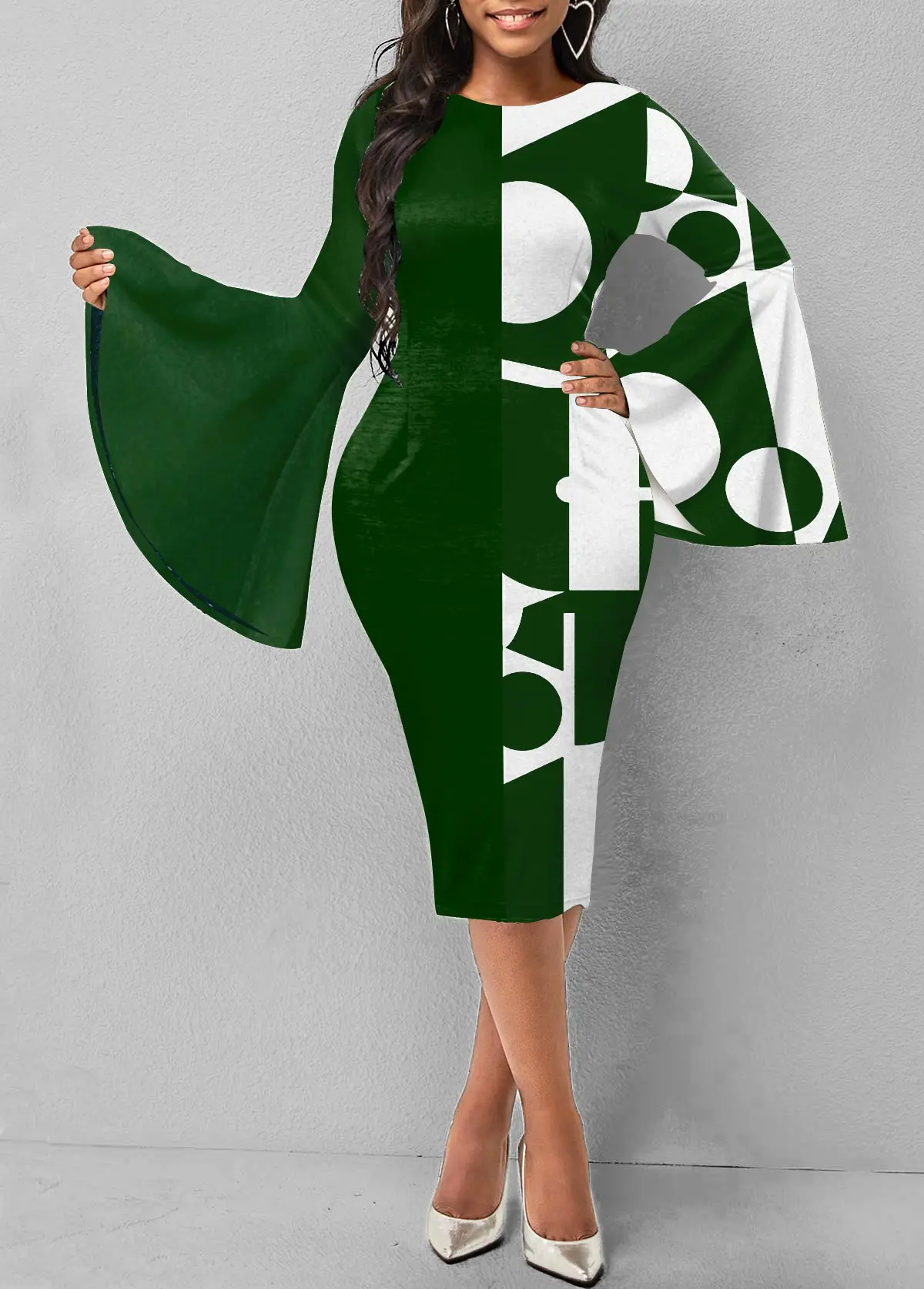 

Women's dress plus size 2021 elegant stitching color block trumpet sleeve dress black autumn mid-term Christmas club party dress