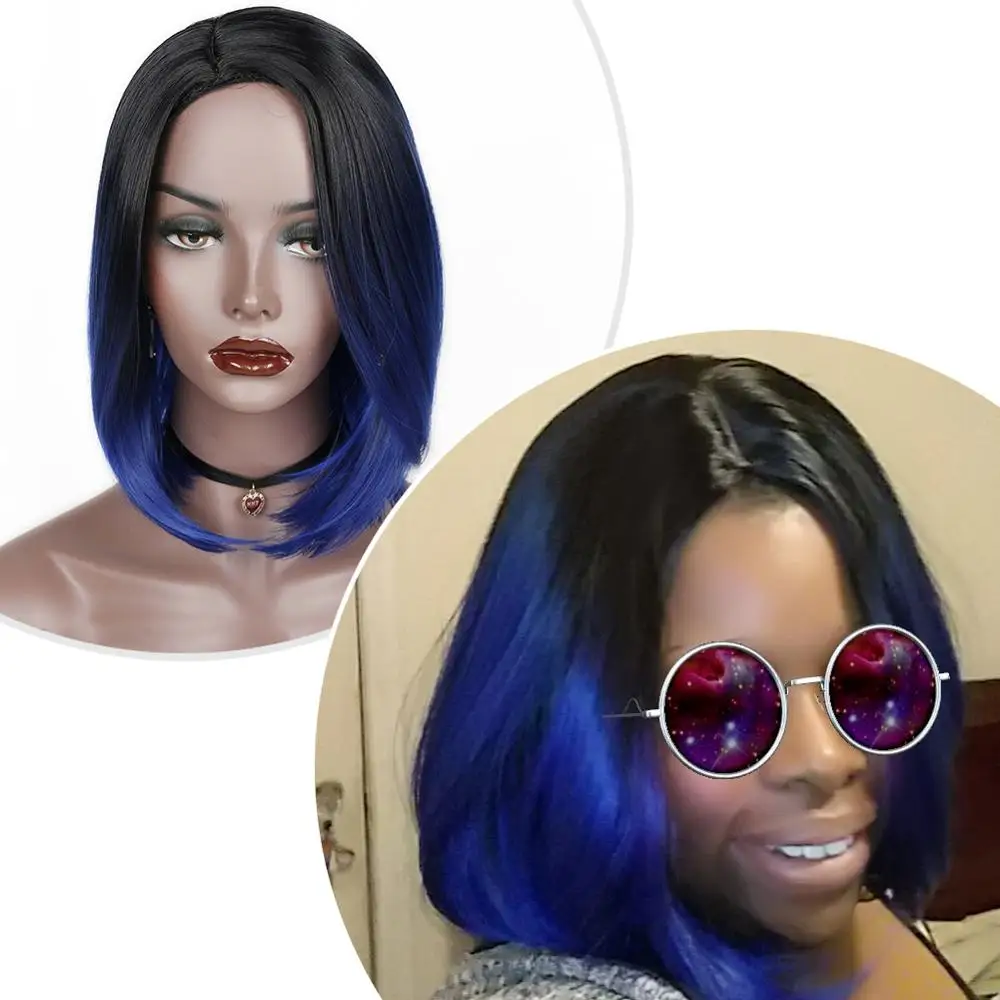 Wignee короткие синтетические парики для волос Ombre Цвет Синий Glueless Косплей черных