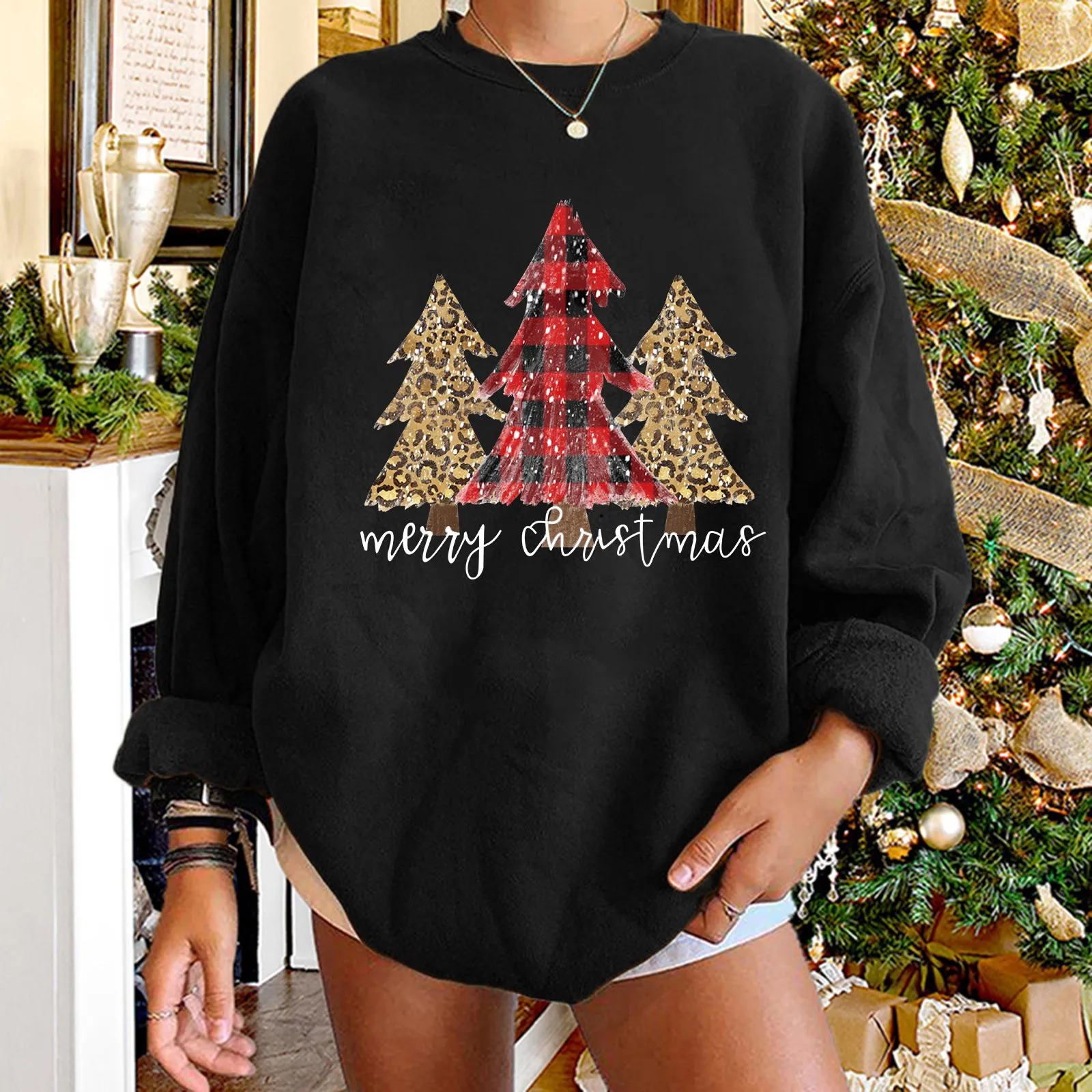 

Christmas Tree Print Hoodies Sweatshirt Women O-neck Long Sleeve Pullover Streetwear Tops Autumn Oversized Female Sweatshirt#FS