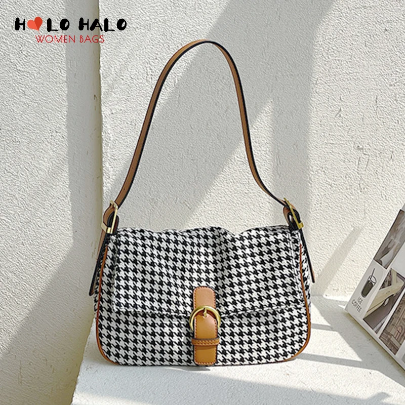 

Fashion Canvas Houndstooth Shoulder Bags Casual Female Purses and Handbags Simple Ladies Solid Color Desiger Bag Women's Wallet