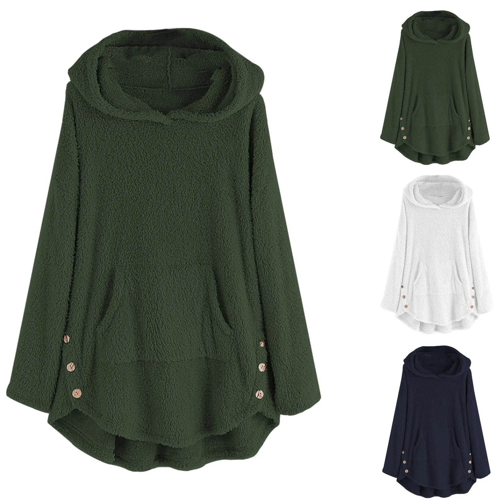 

2021 Winter Women Plush Hoodies Sweatshirts Plus Size Solid Color Thick Warm Pullover Top Casual Pockets Long Sleeve Outerwear#f