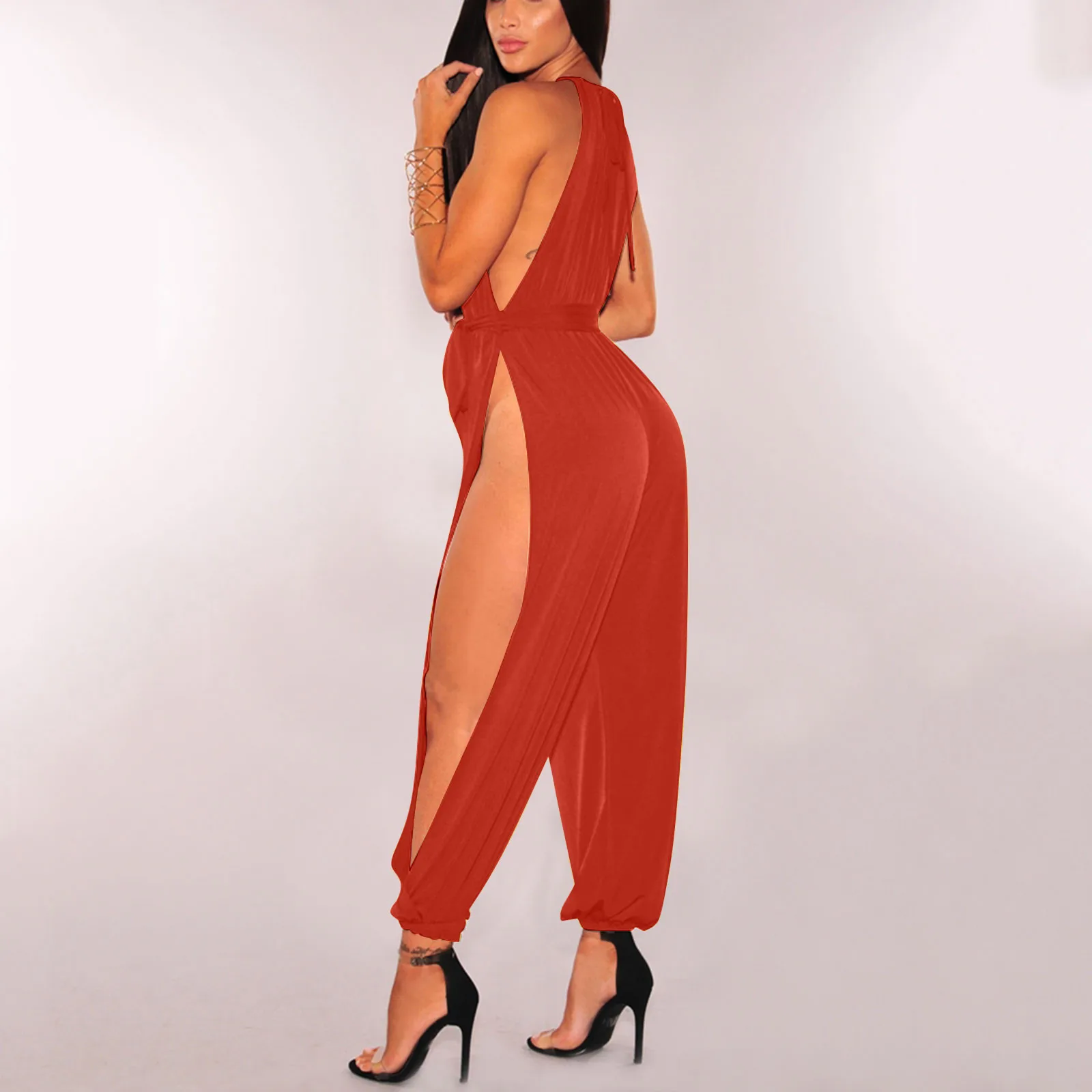 

Women Solid Color Spaghetti Strap Sexy Summer Jumpsuit High Waist Hollow Out Ruch Elegant Backless High Split Bandage Jumpsuits