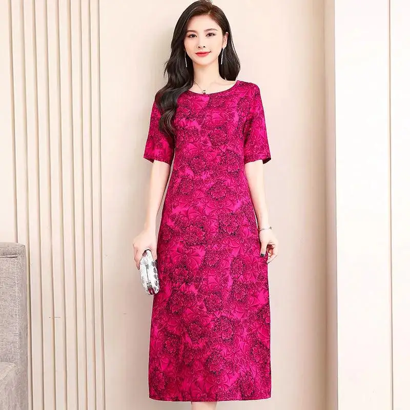 

2021 New Middle-aged Women Summer Dress Loose Comfortable Flowers Print Casual Dress O-Neck Short Sleeve Beach Long Dress