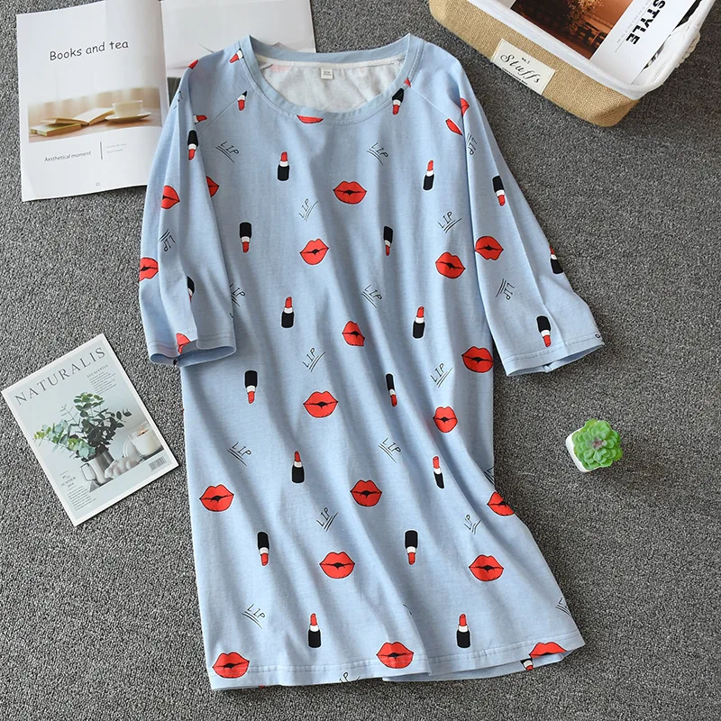 

Spring And Summer New Women Nightgown Cotton Printing Loose Large Size Home Service Ladies Night Skirt Thin Section Short Sleeve