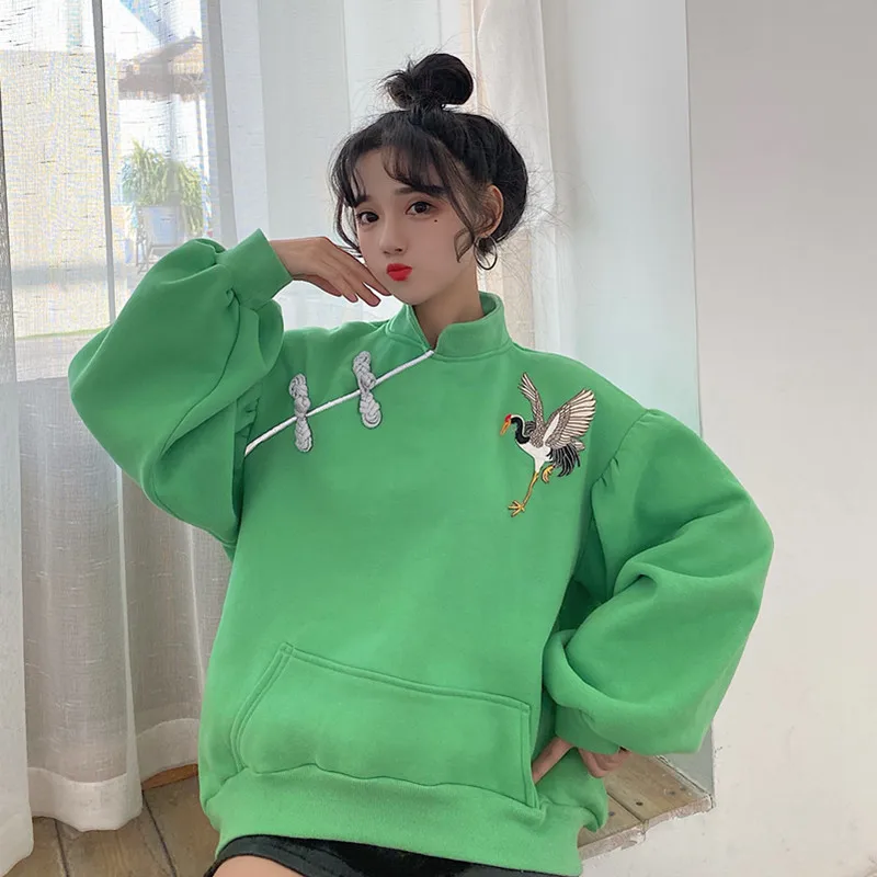 

vintage style sweatshirts print button pockets Women's Clothing loose stand long sleeve pullover and hoodies embroidery ladies