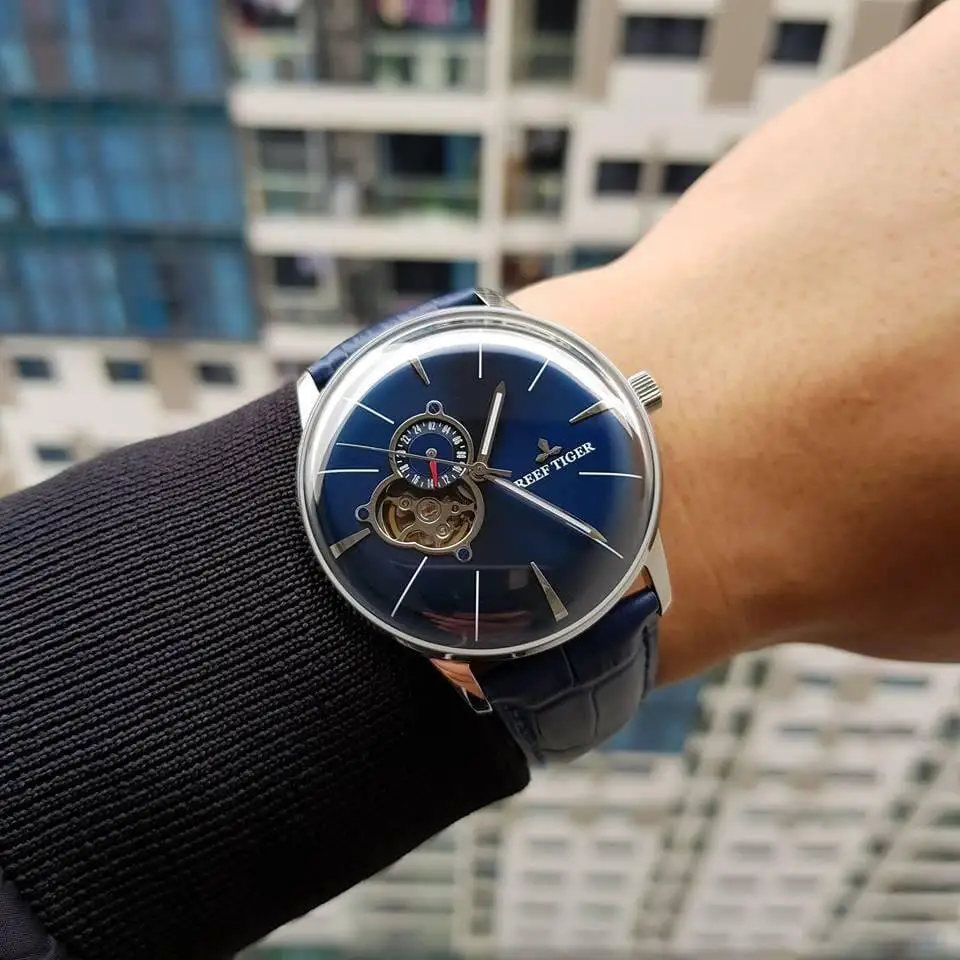 Новые выпуклые часы Reef Tiger/RT Tourbillon Мужские автоматические с линзой стальные синим