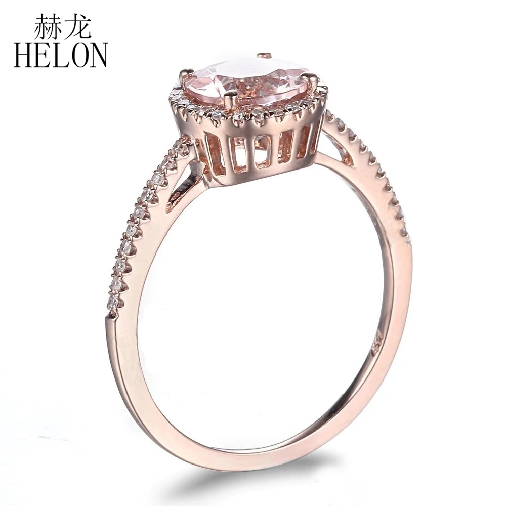 

HELON Solid 10K Rose Gold Certified Round 1.37ct Natural Morganite & Diamonds Halo Engagement Ring Women Gemstone Jewelry Ring