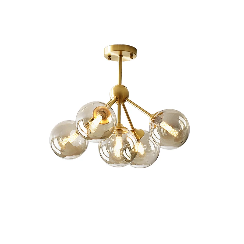 Lámpara de araña LED de cobre moderna para comedor, iluminación de vidrio, dormitorio, bola de vidrio cognac, lámpara colgante nórdica para sala de estar y restaurante