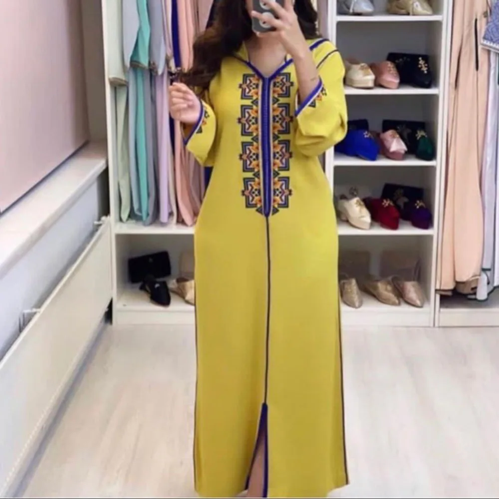 

Long Women Dress Dubai Abaya 2021 Summer Oversized Casual Hooded Print Muslim Long Sleeves Robe Maxi Dresses Vestiods Yellow