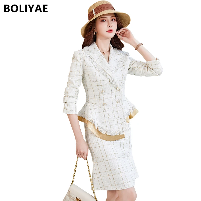 Boliyae Suits with Skirt Women Spring and Autumn Fashion Plaid Blazer Double Breasted Casual Long Sleeve Jacket Female Tops Coat