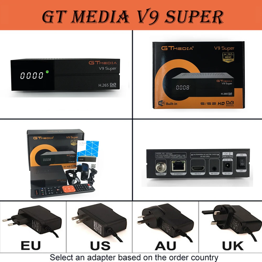 Sr-V9Super GTMEDIA V9 супер лучшее ТВ-цифра спутниковый телевизионный ресивер+ один год, Европейский 7-линия cccam блок питания USB2.0 декодер - Цвет: Sr-V9Super