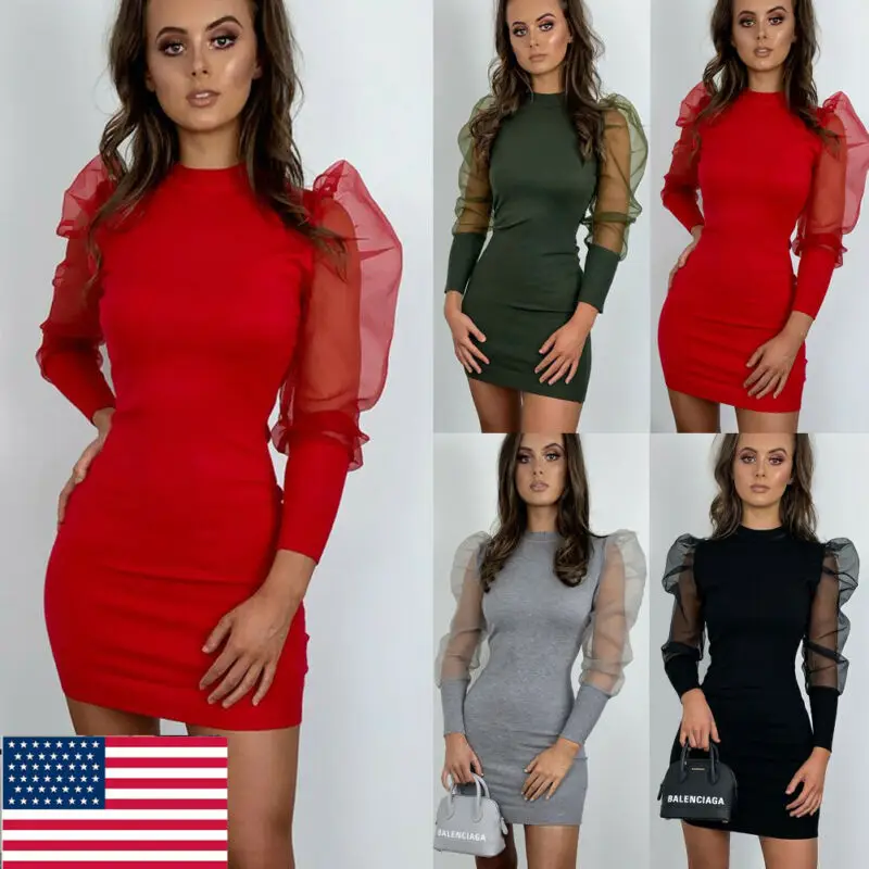 Свяжитесь с нами для женщин Bodycon сетки длинным рукавом вечернее платье вечерние