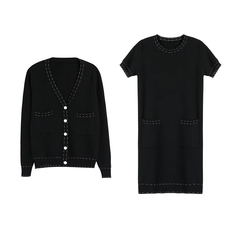 

Women's Knitted Cardigan and Dress Matching Sets Solid V-Neck Single Breasted Pockets Cardigans Knitting Mini Dresses Above Knee