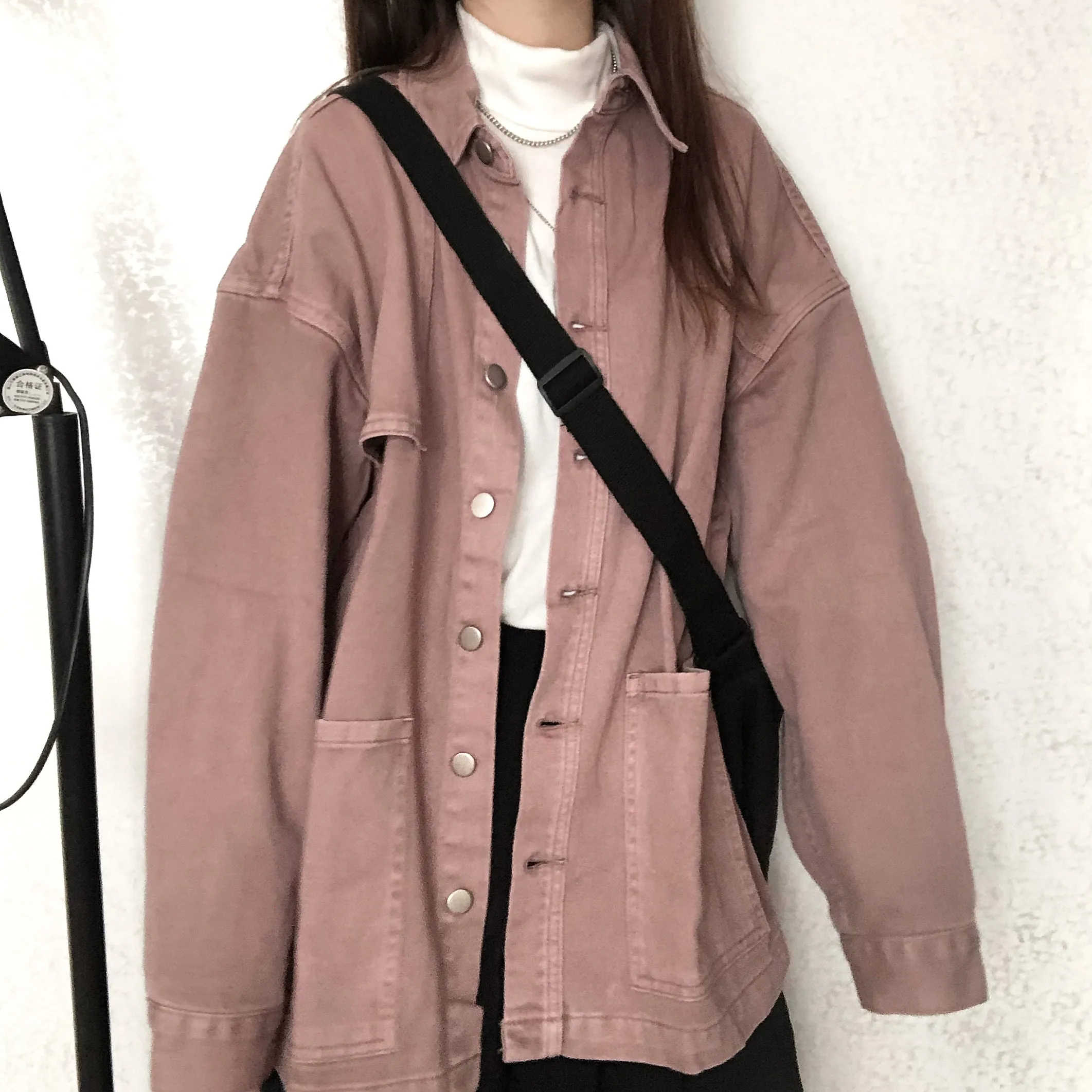 

Early Spring 2021 Gray-Pink Denim Jacket Women's Korean-Style Loose BF Retro Hong Kong Style Harajuku Style Workwear Jacket Top