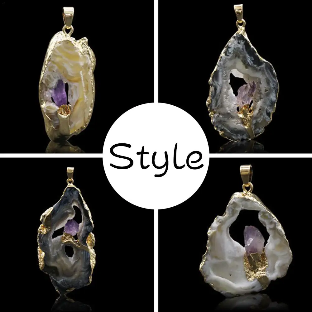 1 шт. Irregualr натуральный камень Агат срез подвеска с позолоченными край ожерелья