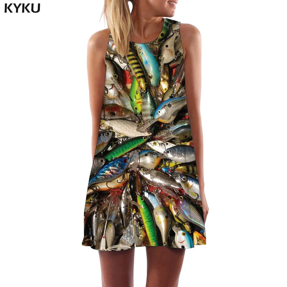 

KYKU Brand Fish Dress Women Animal Office Squid Beach Tropical Boho Fishinger Ladies Dresses Womens Clothing Vintage