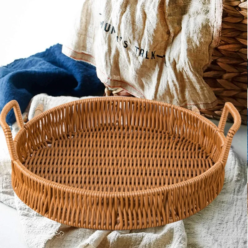 

Rattan Bread Basket Round Woven Tea Tray with Handles for Serving Dinner Parties Coffee Breakfast (25cm)