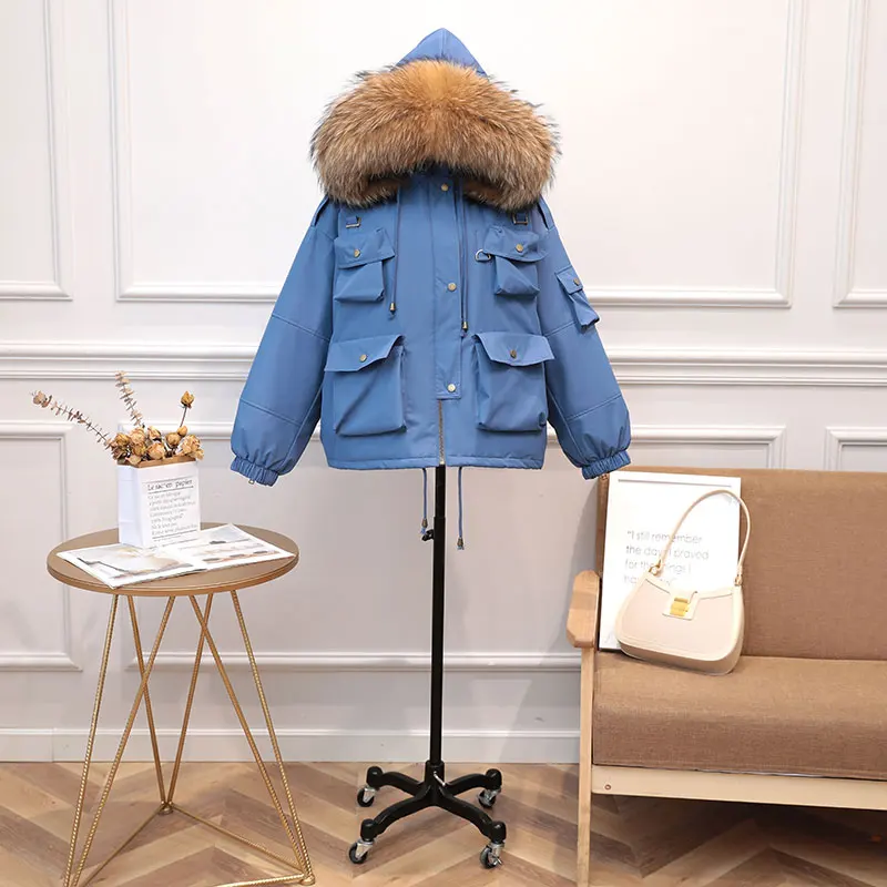 

2020 Women Winter Real Natural Raccoon Fur Collar Coat White Duck Down Parkas Lady Thick Warm Hooded Safari Style Jackets S62