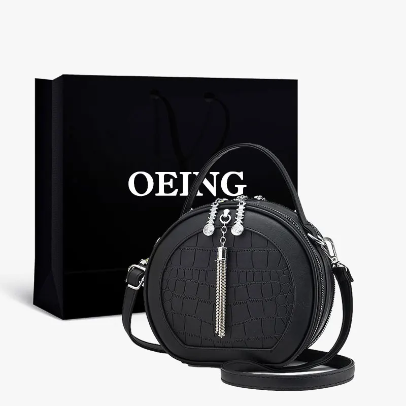 

Tassel Stone Embossed Round Shoulder Bags Top Handle Handbags Women Female Shopper Bag Multi-purpose Ladies Purses Tote Branded