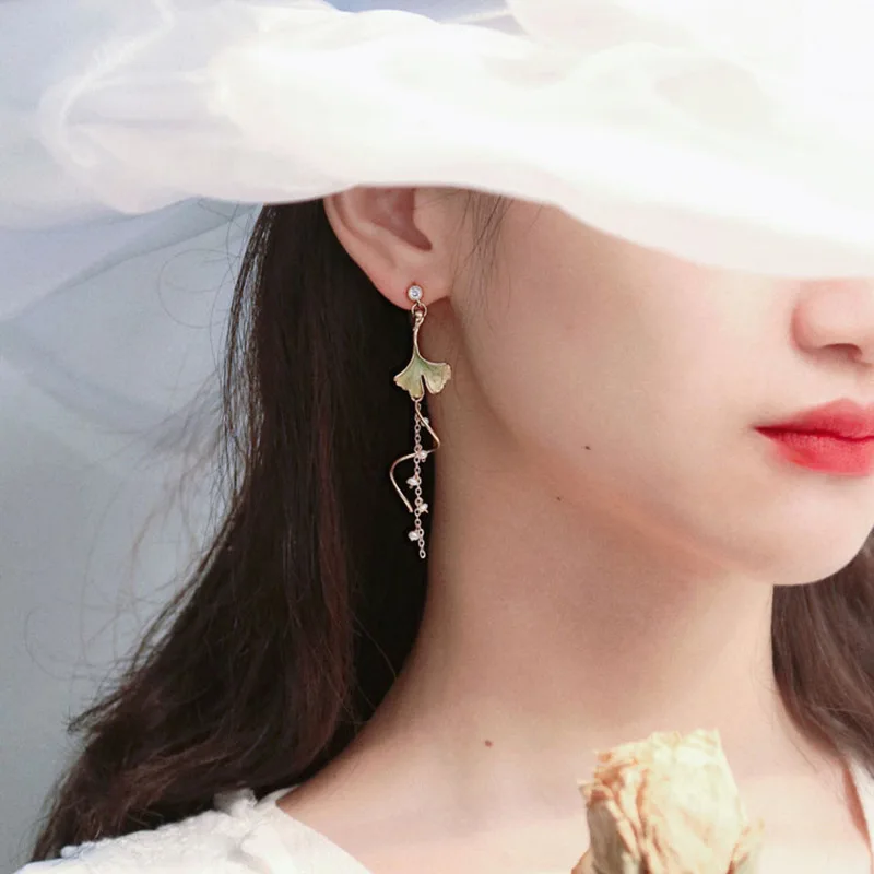 

Korean cat flower earrings asymmetrical long leaf earrings female fashion earrings jewelry