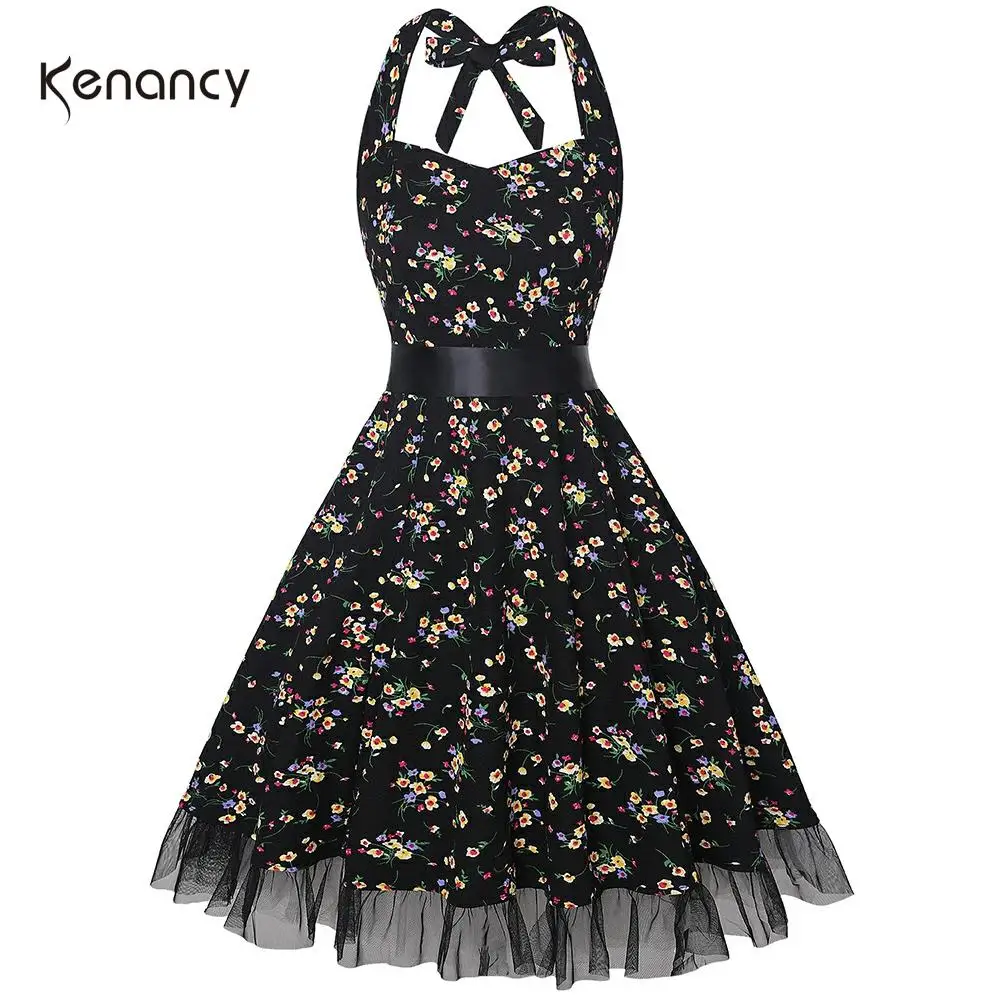 Kenancy Sleeveless A-line Women Dress Summer Elastic Floral Print Vintage Female High Waist Halter Pin Up Dresses New | Женская одежда