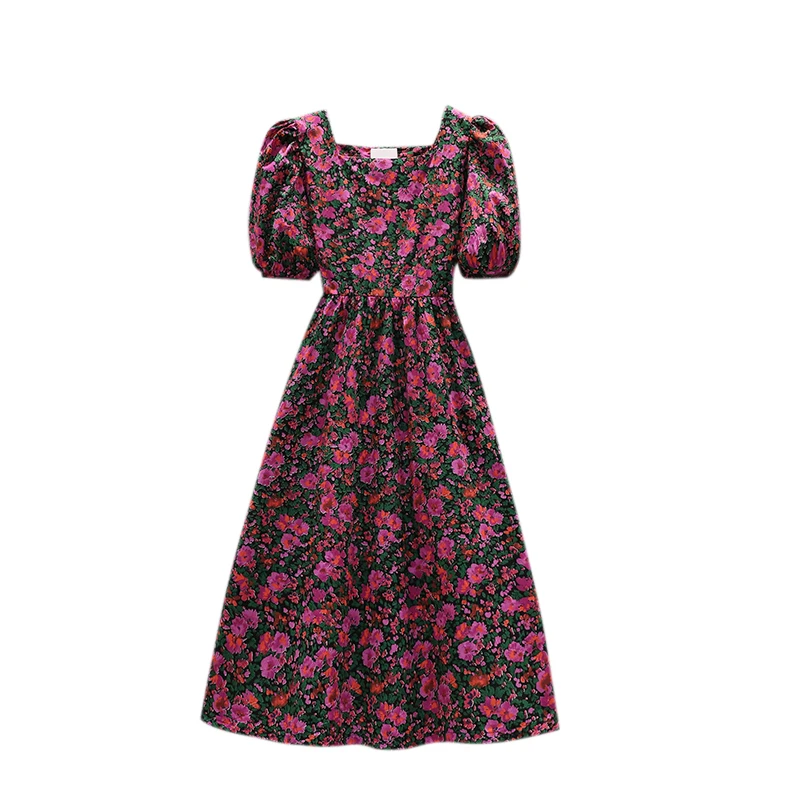 

2021 New Summer Elegant Women's Dress Floral Print Square Collar Short Puff Sleeves Back Belt Split Vintage Midi Dresses
