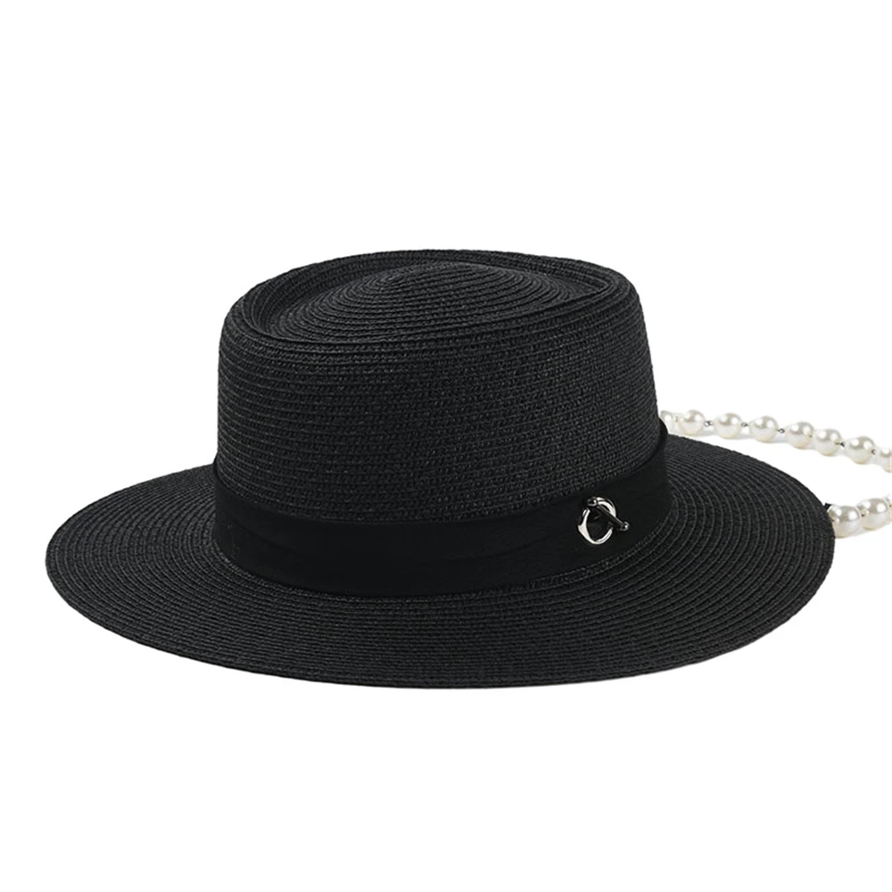 

Black Women Hat Pearl Chain Summer Straw Hat Porkpie Hat Designer Brand Wide Brim Sombrero Panama Hat