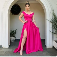 elegant evening dress 2020 a line cap sleeve side slit sexy satin women formal party gowns special occasion floor length v neck