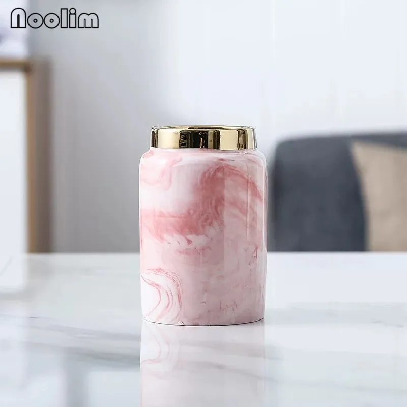 Pink Европейский Пномпень керамическая ваза для цветов с мраморным узором минималистичный офисный Настольный сушеный цветочный горшок Домашнее свадебное украшение - Цвет: Pink