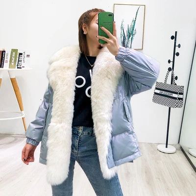 Light blue ZURICHOUSE зимняя меховая парка Женская Роскошная натуральная шерсть воротник зимнее пальто Женская яркая поверхность утка пуховик - Цвет: Light blue