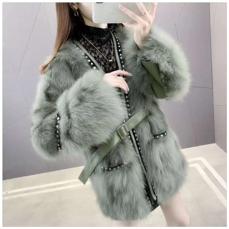 New high-end thickened fur coat women's fashion cardigan rivet waist imitation fur one coat short fashion