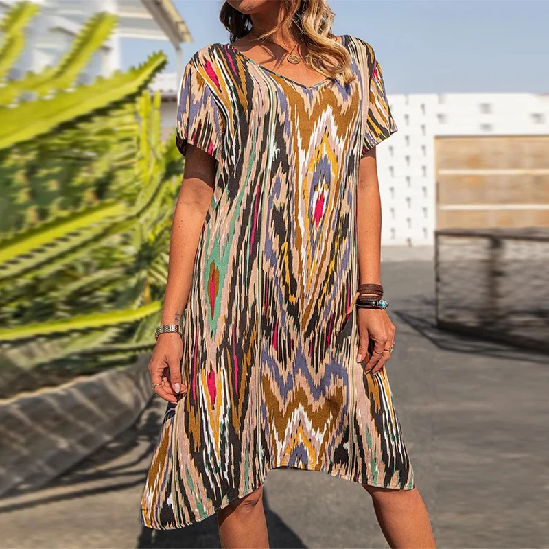 

Casual Vintage Stripe Butterfly Floral Printed Women Dress V Neck Short Sleeve Dress 2021 Spring Summer New Ladies Party Dresses