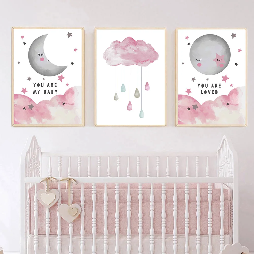 

Pink Cloud Wall Painting Stars Moon Canvas Print Nursery Art Poster Children Prints Nordic Wall Art Pictures Girls Room Decor