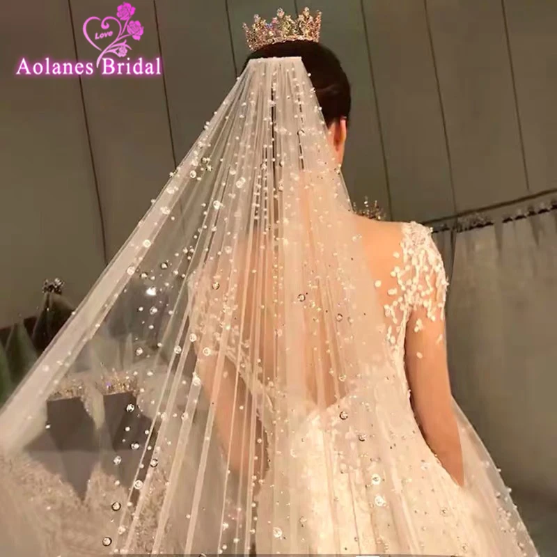 

Однослойная свадебная фата 3 м x 3,5 м, жемчужины, искусственные кристаллы, соблазнительная Фата с металлической расческой, оригинальная свад...