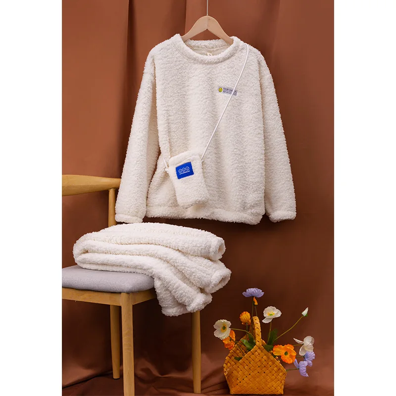 Sleeping Wear Set for Women Solid Color Round Neck Plush Pajamas Woman Winter Plus Size Flannel Thick Pajamas Home Clothes