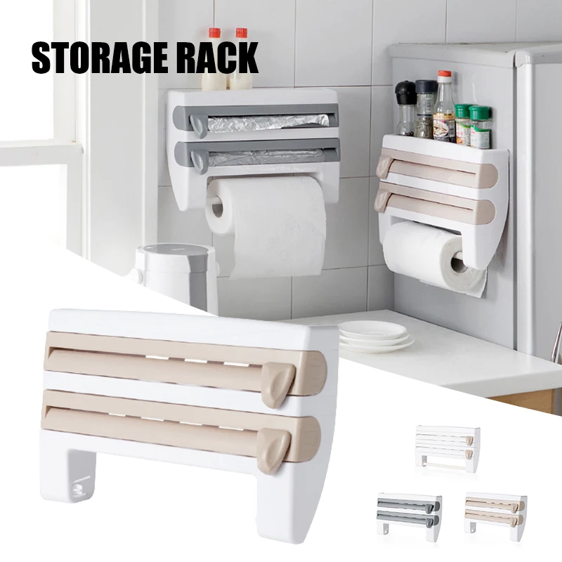 

New Hot Kitchen Storage Rack with Tin Foil Clings Film Cutter Storage film Paper Towels Durable Safe Household Storage Rack