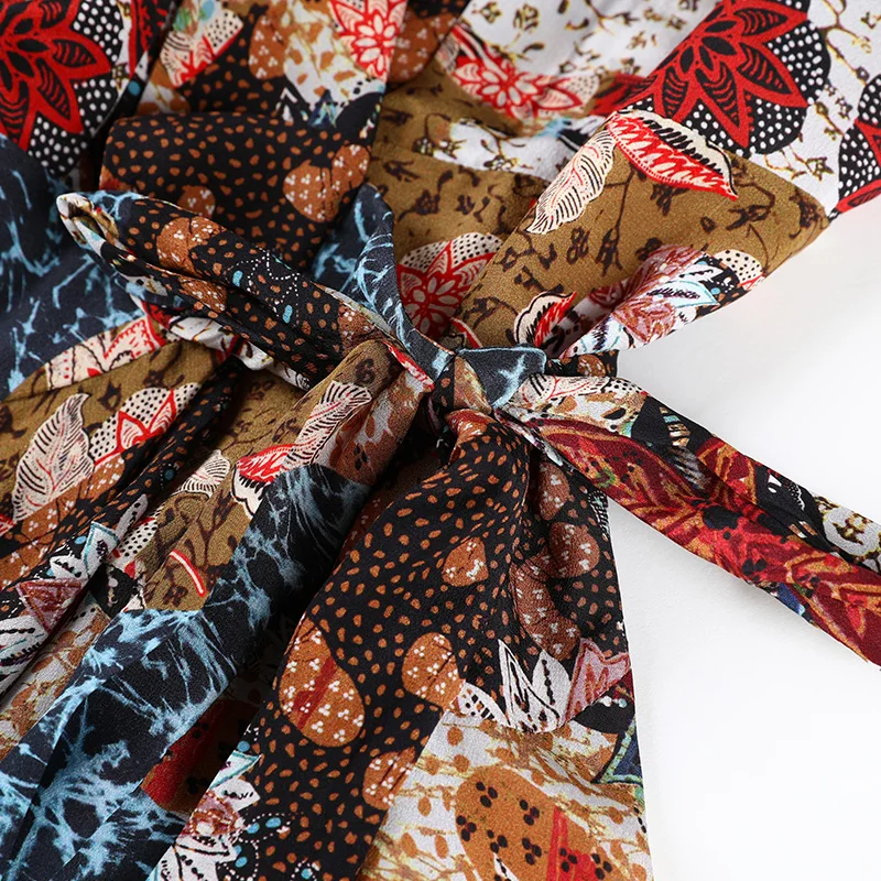 POKWAI женское платье до колена с принтом шелковое длинным рукавом v-образным