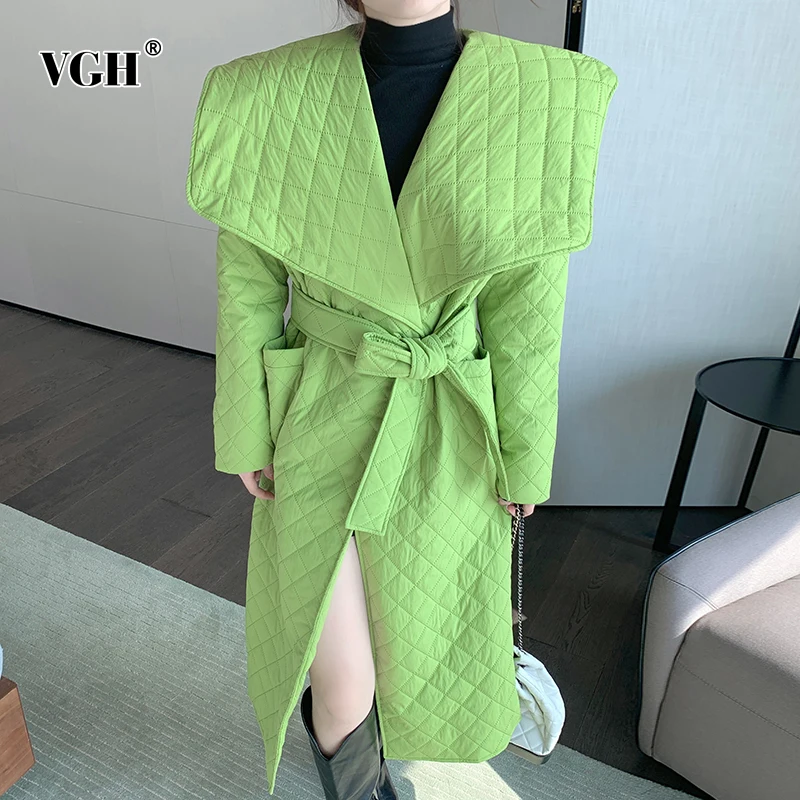 

VGH Split Green Casual Loose Solid Patchwork Down Coat Female V Neck Long Sleeve Fashion Coats For Women Winter Style 2021 New