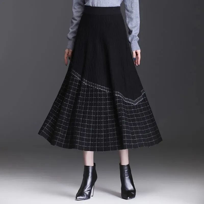 

New Knitted Plaid Skirt Spring Autumn New High Waist Splicing Mid-length A-line Skirt Thick Slim large skirt long Female Skirt