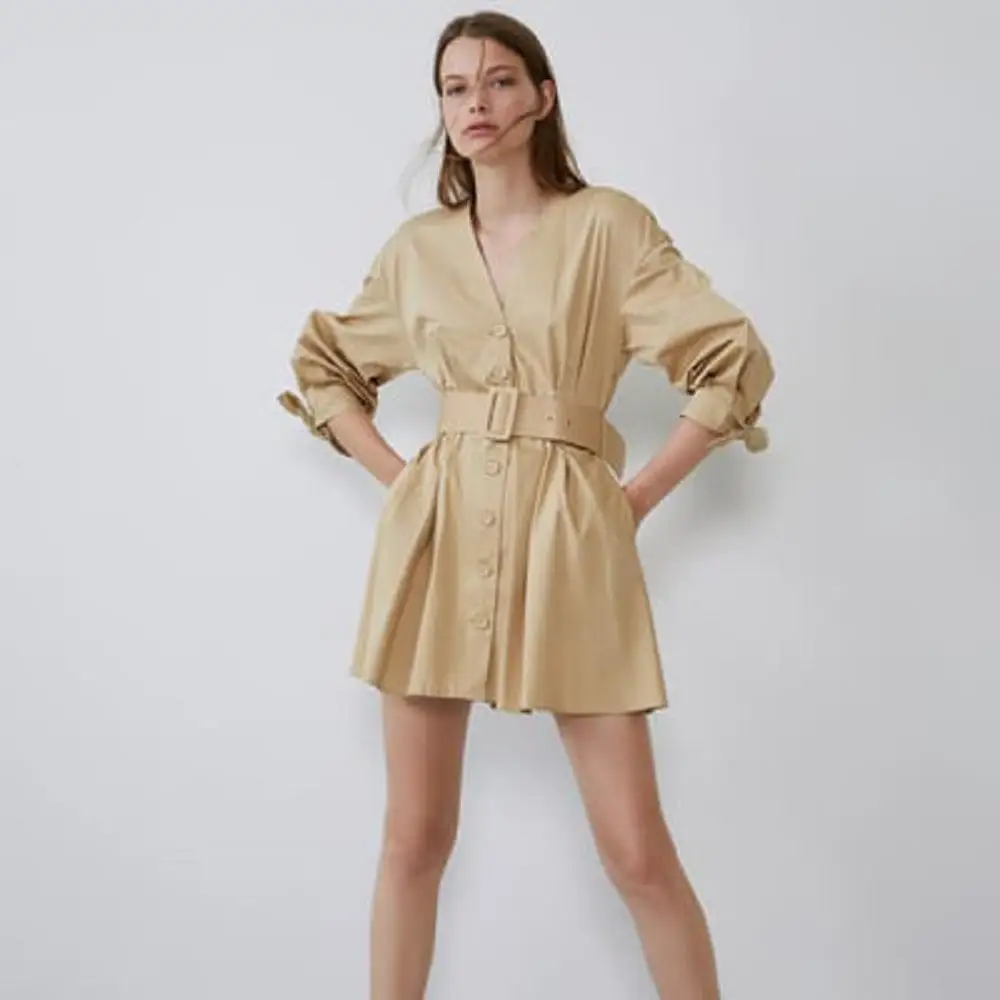 2019 ZA Новое осенне зимнее платье цвета хаки модное женское хлопковое Повседневное