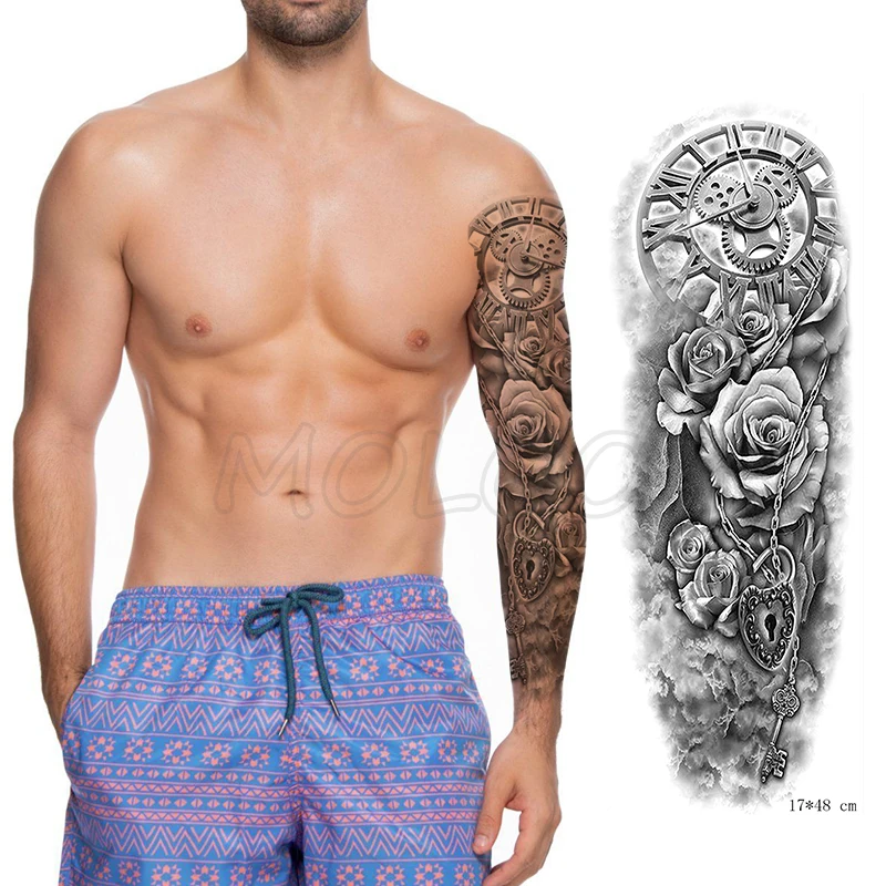 Тату-наклейка временные полные руки римские часы искусственный цветок