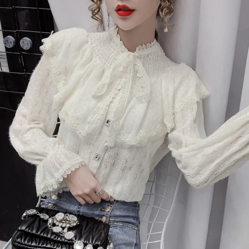#2005 базовые Топы с воротником-бантом кружевные рубашки блузка Женская винтажная