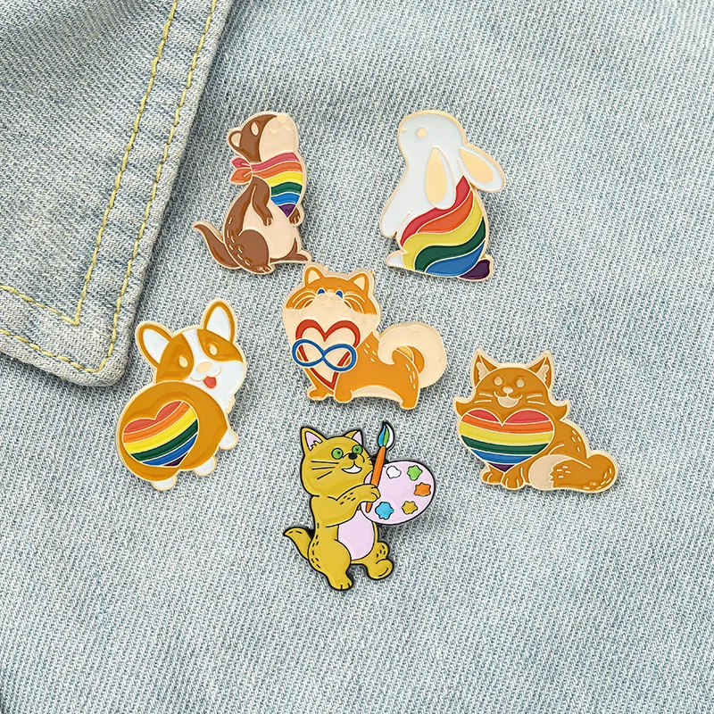

Rainbow Animal Brooches Squirrel Corgi Butt Heart Bunny Cat With Flag Badges Love is Love Jewelry Gift for Friend