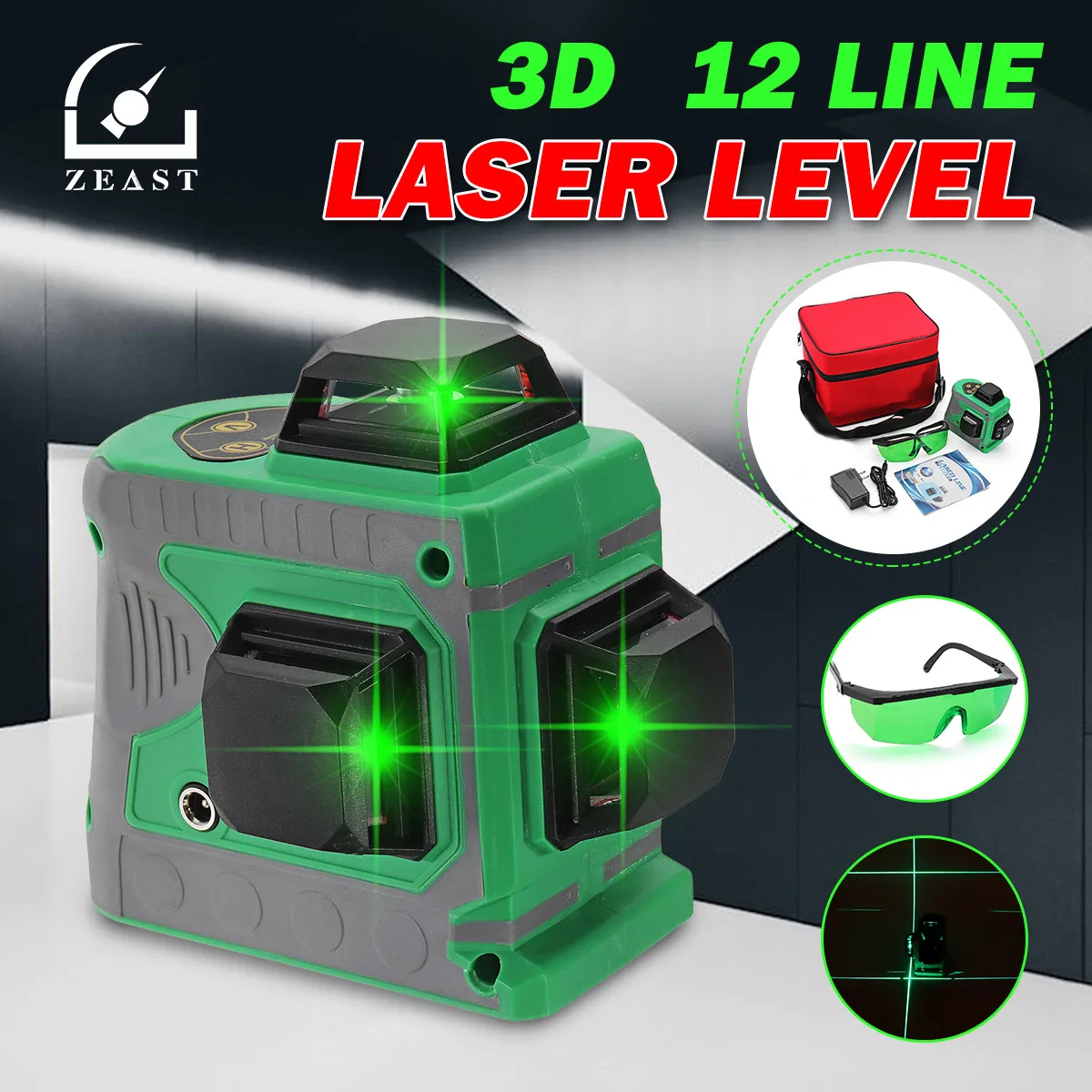ZEAST 3D 12 линия зеленый свет лазерный уровень Авто самонивелирующийся 360 ° поворотный измерительный крест водонепроницаемый IP54 AC 100-240V зарядное устройство