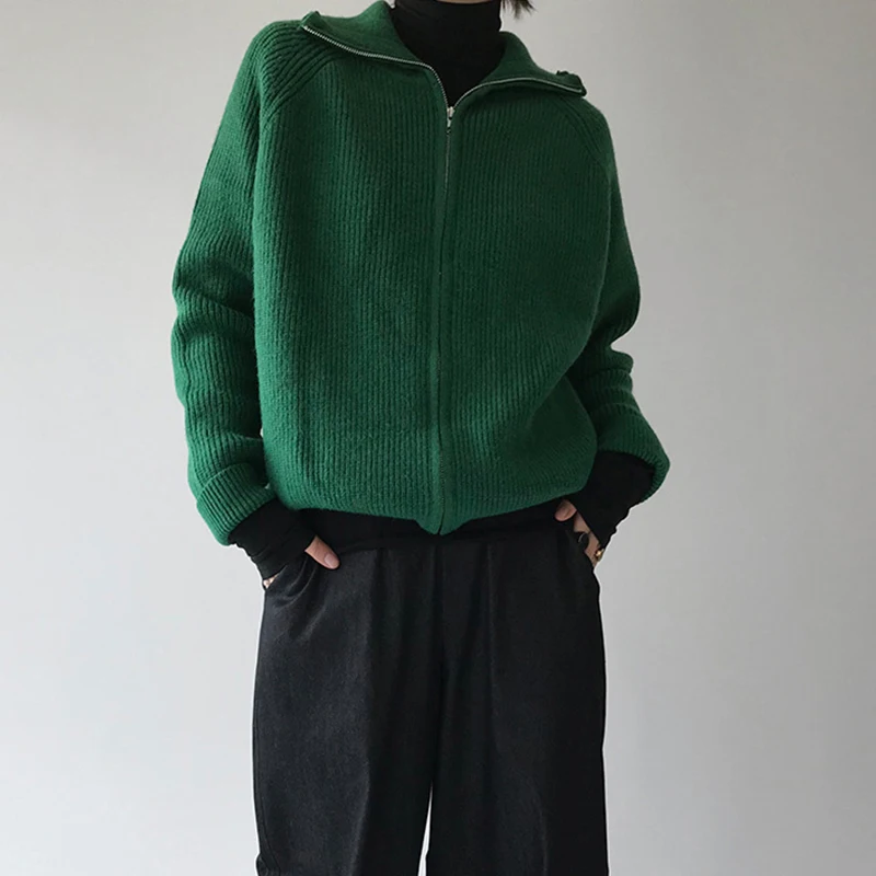 

Женский вязаный кардиган на молнии, повседневный Свободный теплый кардиган с длинным рукавом, винтажный свитер, пальто для осени и зимы