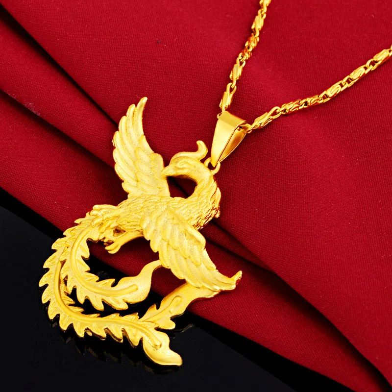 

2020 Fashion Accessories 3D Solid gold Women's Gold-plated Golden Phoenix Pendant Sand Gold Wedding Pendant Necklace Jewelry